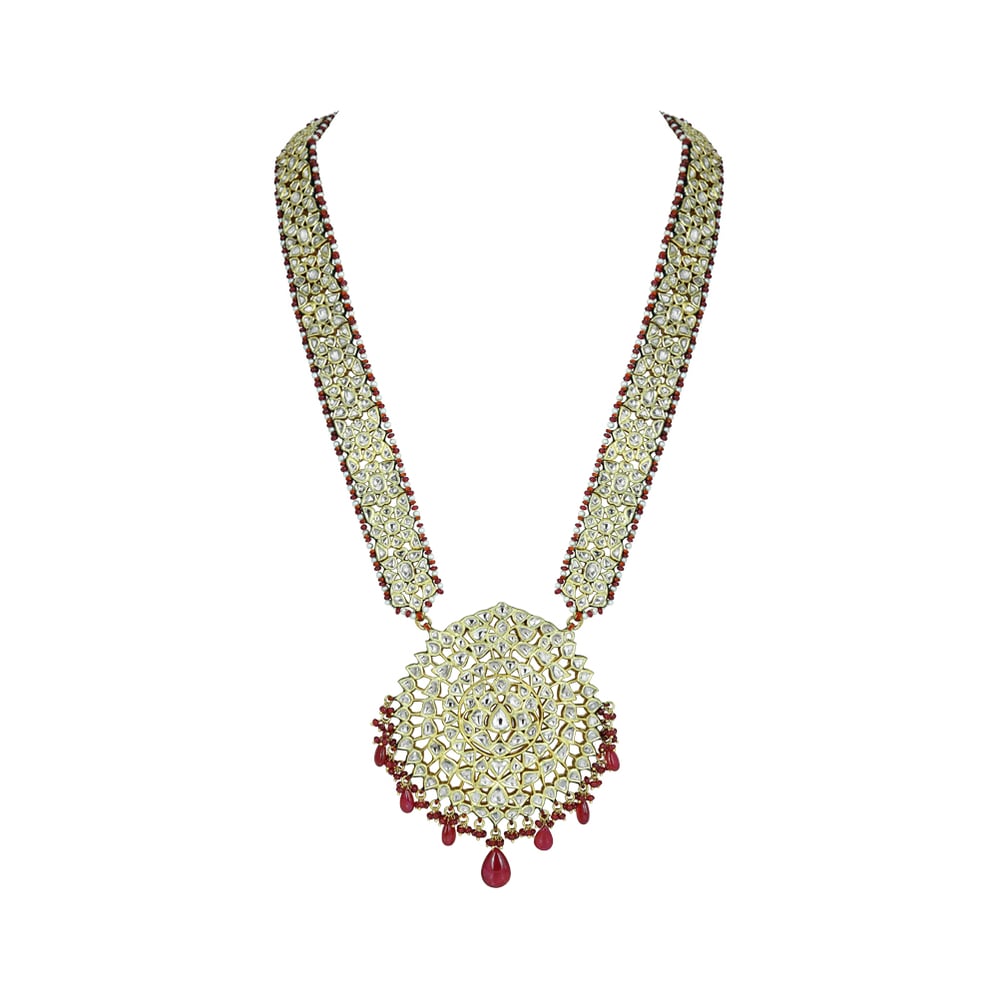 Ruby Beaded Polki Pendant with Intricate Circular Design